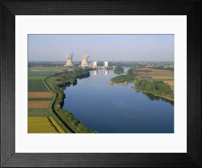 Framed Print : Aerial view of river and countryside near the nuclear power station of Saint Laurent-des-Eaux Framed Print : Aerial view of river and countryside near the nuclear power station of Saint Laurent-des-Eaux