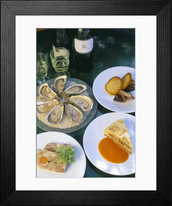 Framed Print : Bouzigues oysters, crespeou, cochon terrine, chocolate fondant, Chez Philippe Framed Print : Bouzigues oysters, crespeou, cochon terrine, chocolate fondant, Chez Philippe