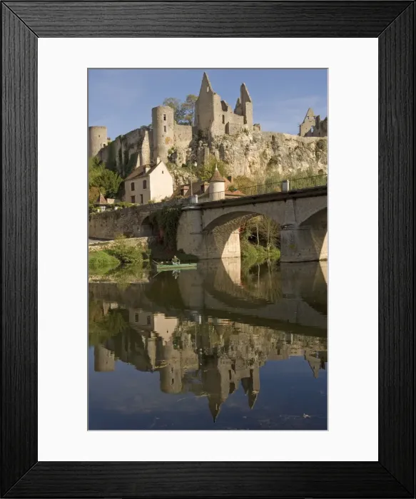 Framed Print : An angler on the Anglin river, with the medieval castle built between the 11th Framed Print : An angler on the Anglin river, with the medieval castle built between the 11th