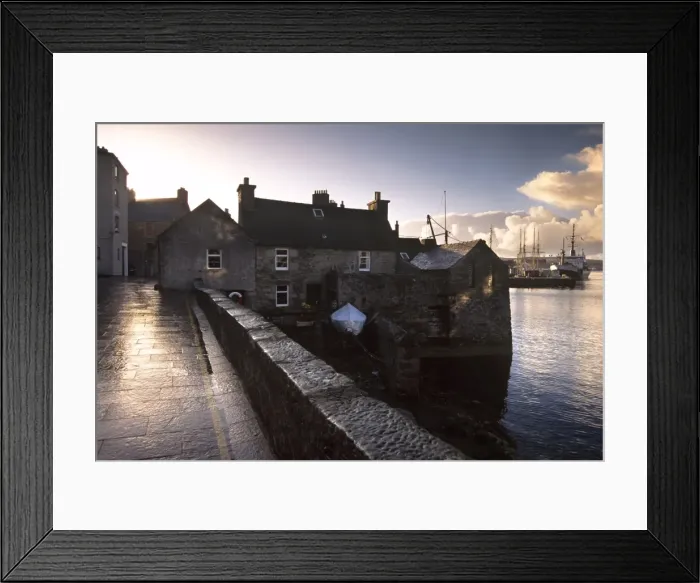Framed Print : Lerwick seafront, with wharves and slipways, and stone warehouses (lodberries) Framed Print : Lerwick seafront, with wharves and slipways, and stone warehouses (lodberries)