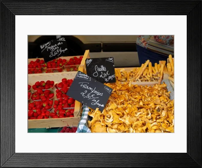 Framed Print : Mushrooms and strawberries on a market stall Framed Print : Mushrooms and strawberries on a market stall