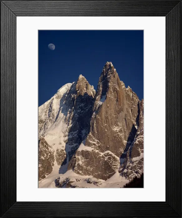 Framed Print : Jagged peak of Aiguille du Dru and the moon Framed Print : Jagged peak of Aiguille du Dru and the moon