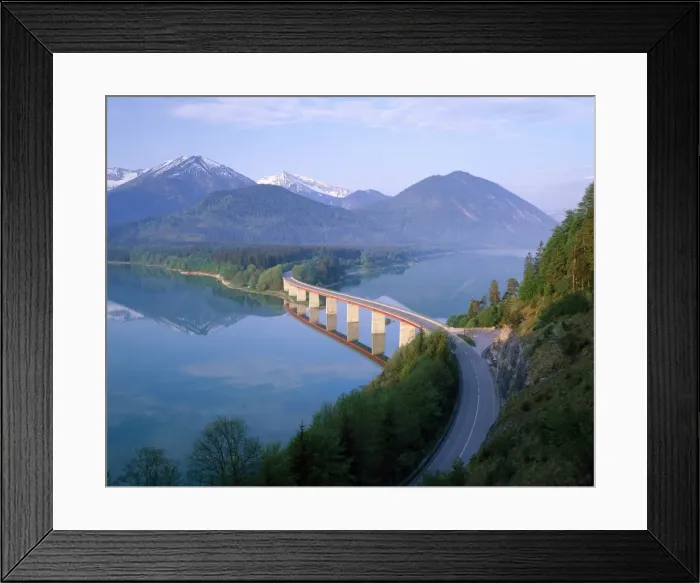 Framed Print : Reflections of a road bridge over Lake Sylvenstein Framed Print : Reflections of a road bridge over Lake Sylvenstein