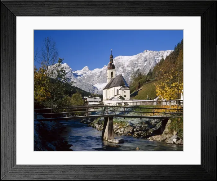 Framed Print : Wooden bridge in front of the church at Ramsau in Framed Print : Wooden bridge in front of the church at Ramsau in