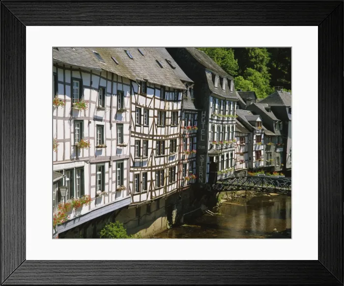 Framed Print : Half timbered houses and River Rur Framed Print : Half timbered houses and River Rur