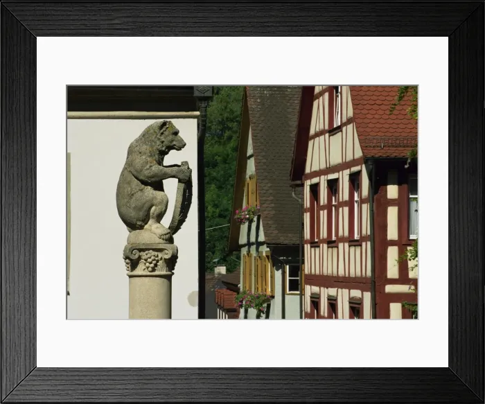 Framed Print : Bear Fountain and timbered house Framed Print : Bear Fountain and timbered house