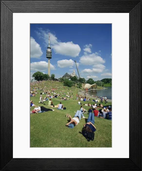 Framed Print : People relaxing on the grass in the Olympic Park with Framed Print : People relaxing on the grass in the Olympic Park with