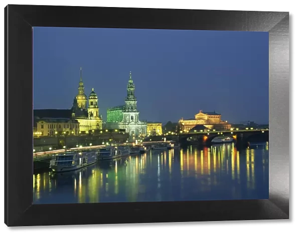 The River Elbe and city skyline at night at Dresden