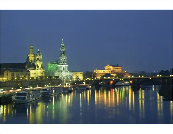 The River Elbe and city skyline at night at Dresden
