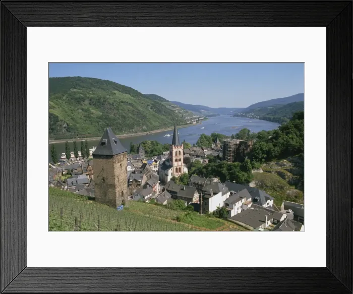 Framed Print : Aerial view over the town of Bacharach and the Rhine River Framed Print : Aerial view over the town of Bacharach and the Rhine River