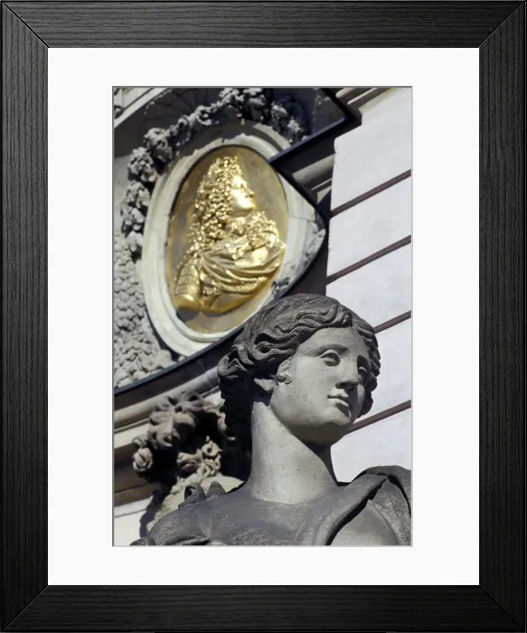 Framed Print : Close-up of the head of a female statue and frieze behind at Zeughaus Framed Print : Close-up of the head of a female statue and frieze behind at Zeughaus
