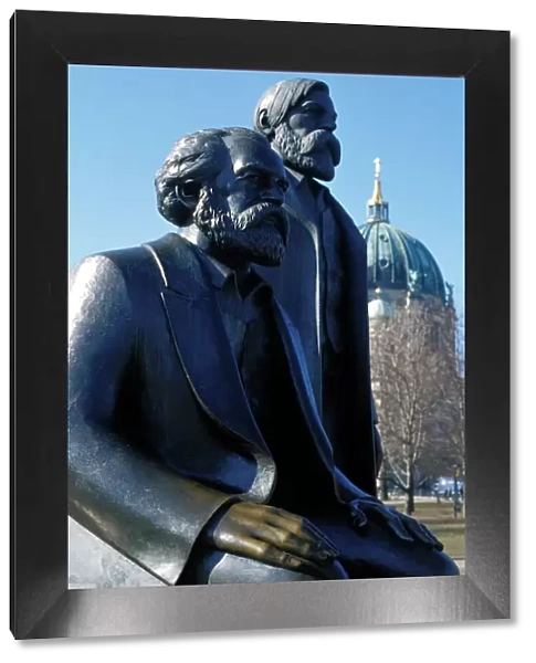 Close-up of statue of Marx and Engels