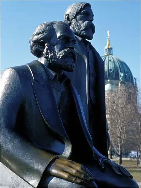 Close-up of statue of Marx and Engels