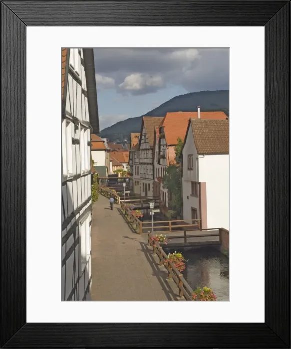 Framed Print : Timber framed traditional houses alongside the millrace Framed Print : Timber framed traditional houses alongside the millrace