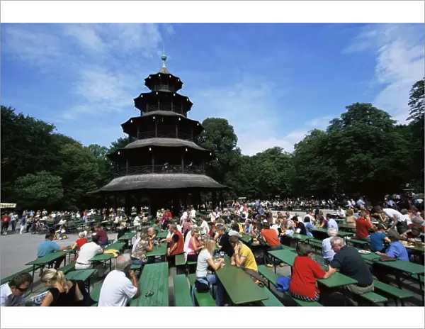 People sitting at the Chinese Tower beer garden in