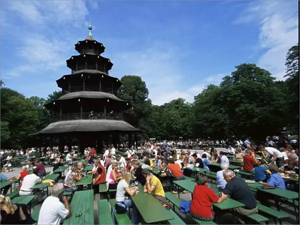 People sitting at the Chinese Tower beer garden in