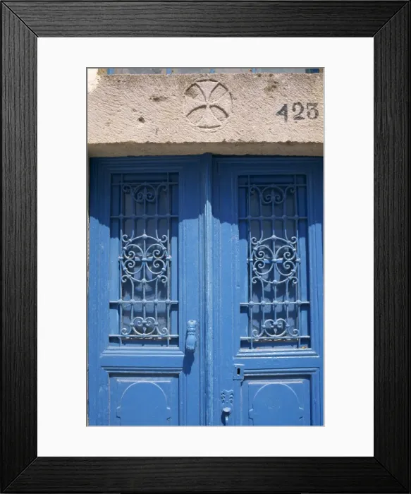 Framed Print : Detail of blue door with Greek cross above Framed Print : Detail of blue door with Greek cross above