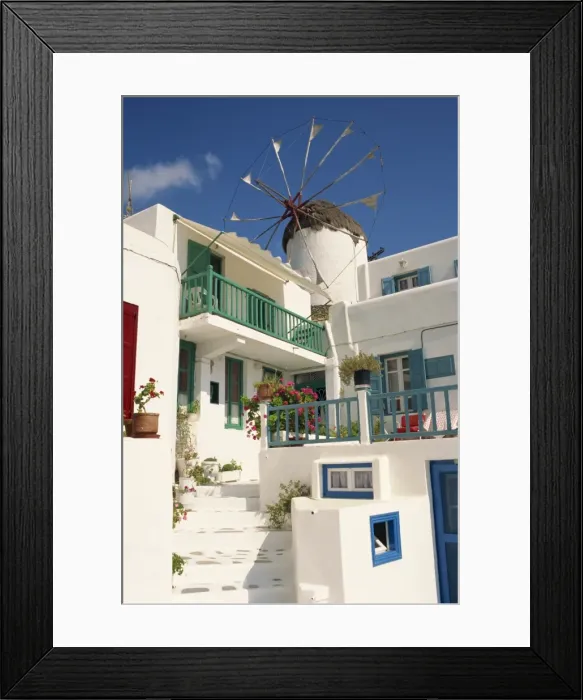 Framed Print : White house with windmill in the background on Mykonos Framed Print : White house with windmill in the background on Mykonos