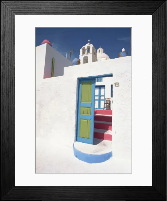 Framed Print : Blue and green door leading to pink steps at the entrance Framed Print : Blue and green door leading to pink steps at the entrance