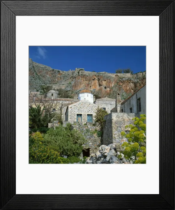 Framed Print : A church with cliffs behind at Monemvasia