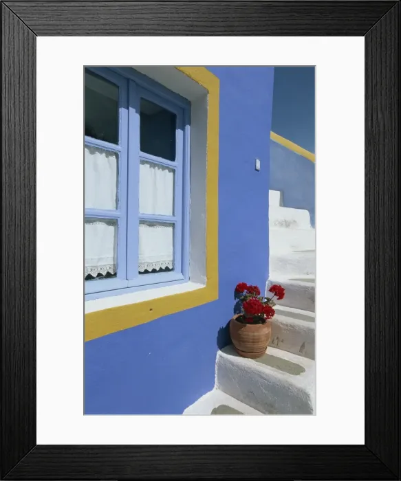 Framed Print : Colourful house in Fira town Framed Print : Colourful house in Fira town