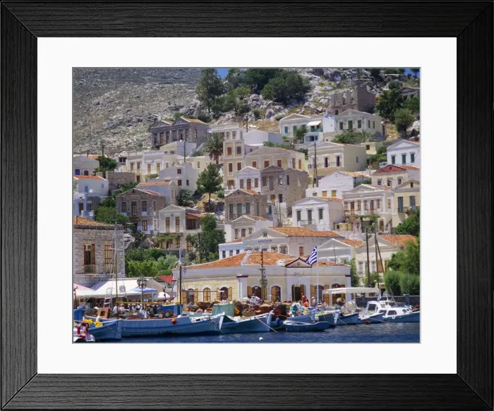 Framed Print : Moored boats and waterfront buildings Framed Print : Moored boats and waterfront buildings