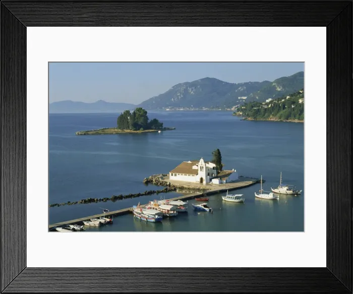 Framed Print : Moored boats beside pier leading to Vlacherna Monastery Framed Print : Moored boats beside pier leading to Vlacherna Monastery
