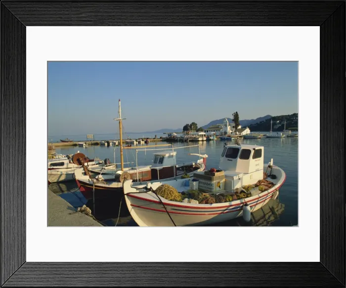 Framed Print : Moored fishing boats before Vlacherna Monastery Framed Print : Moored fishing boats before Vlacherna Monastery
