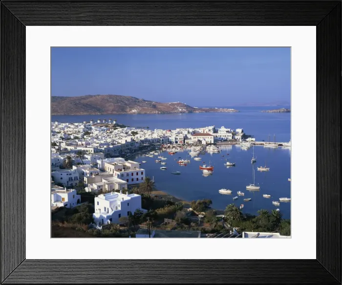 Framed Print : Boats in the harbour and windmills on the coast Framed Print : Boats in the harbour and windmills on the coast