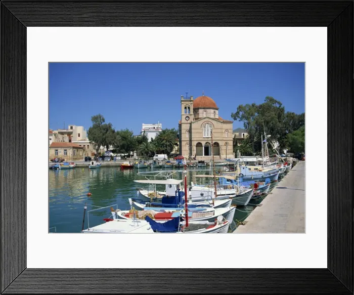 Framed Print : Fishing boats moored in harbour and domed church Framed Print : Fishing boats moored in harbour and domed church