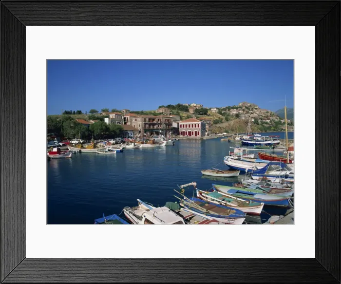 Framed Print : Boats moored in harbour at Molyvos Framed Print : Boats moored in harbour at Molyvos