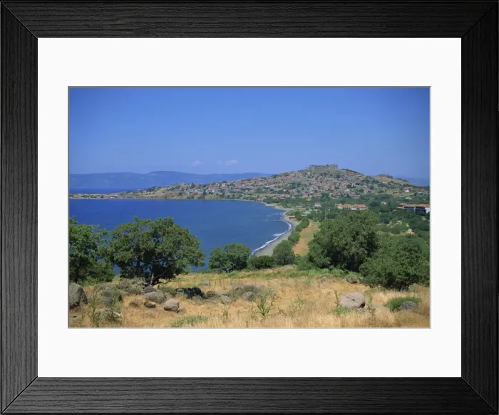 Framed Print : Coastline and bay with the town of Molyvos on a hill Framed Print : Coastline and bay with the town of Molyvos on a hill