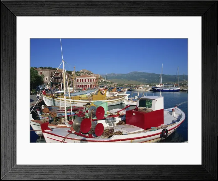 Framed Print : Fishing boats moored in harbour at Molyvos Framed Print : Fishing boats moored in harbour at Molyvos