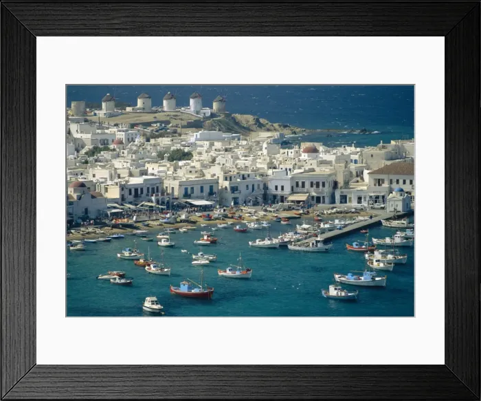 Framed Print : Aerial of the harbour and Mykonos town with windmills Framed Print : Aerial of the harbour and Mykonos town with windmills
