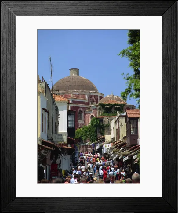 Framed Print : Tourists in busy back street with church dome behind Framed Print : Tourists in busy back street with church dome behind
