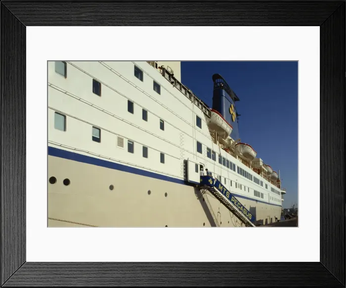 Framed Print : Gangway and ferry ship at Mandraki harbour Framed Print : Gangway and ferry ship at Mandraki harbour