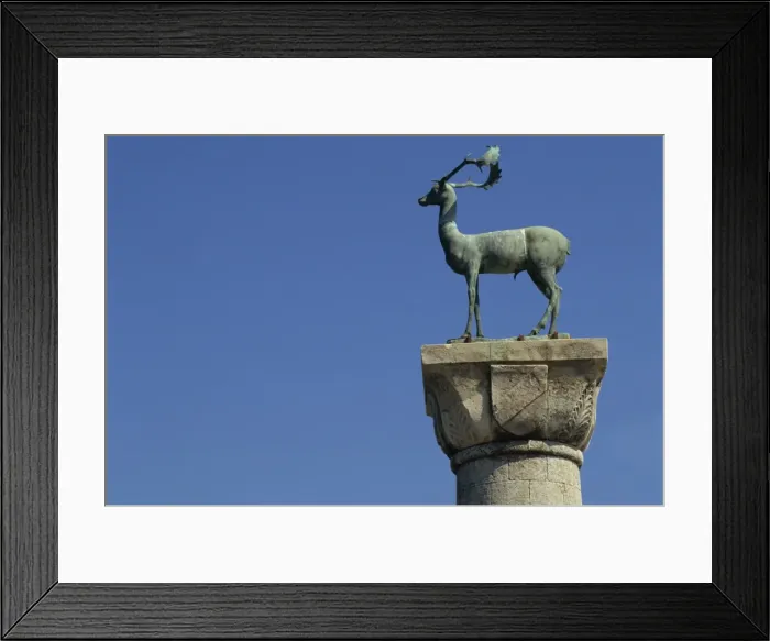 Framed Print : Close-up of Buck statue at the entrance to Mandraki Harbour Framed Print : Close-up of Buck statue at the entrance to Mandraki Harbour