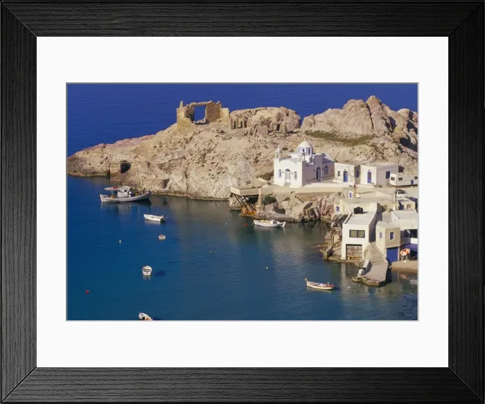 Framed Print : Aerial view of Firopotamus fishing village and bay Framed Print : Aerial view of Firopotamus fishing village and bay