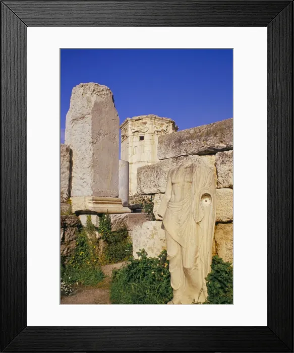 Framed Print : Statue of Emperor Hadrian and tower of the winds in background Framed Print : Statue of Emperor Hadrian and tower of the winds in background