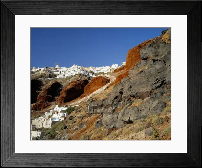 Framed Print : Volcanic rocks and Oia village Framed Print : Volcanic rocks and Oia village