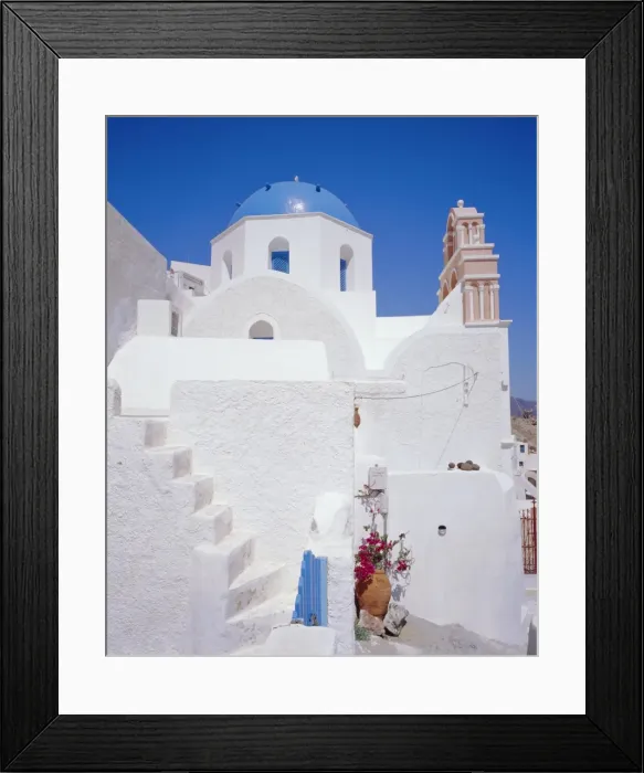 Framed Print : Traditional white house and church Framed Print : Traditional white house and church