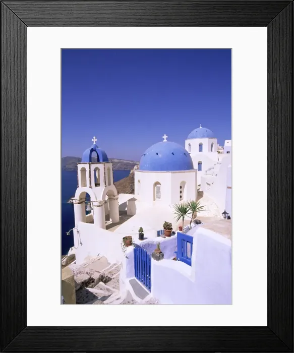Framed Print : Domes and bell tower of blue and white Christian church Framed Print : Domes and bell tower of blue and white Christian church
