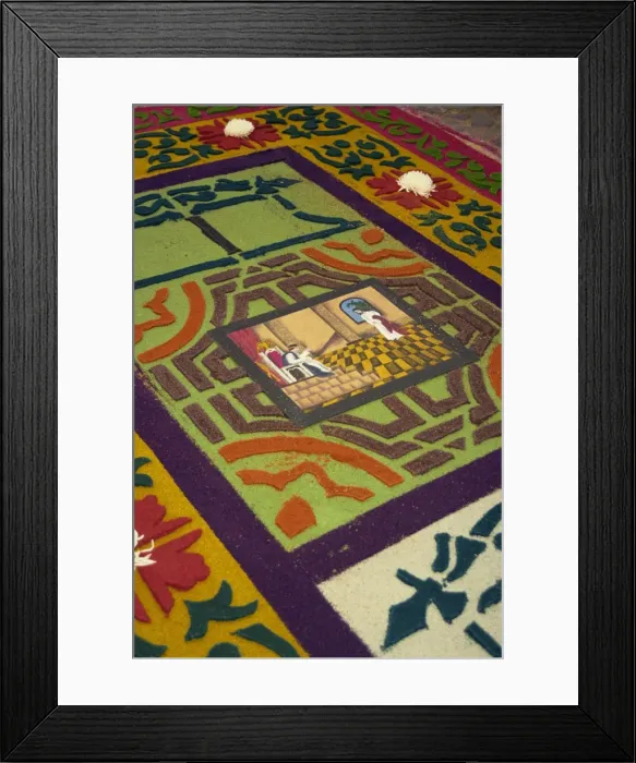 Framed Print : Close-up of coloured sawdust rug on the street on Good Framed Print : Close-up of coloured sawdust rug on the street on Good