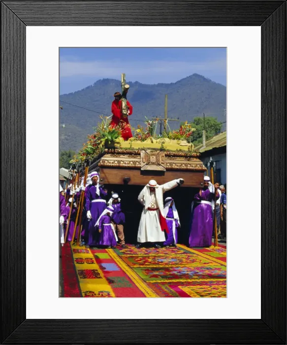 Framed Print : Men carry a huge wooden float of Christ over coloured Framed Print : Men carry a huge wooden float of Christ over coloured