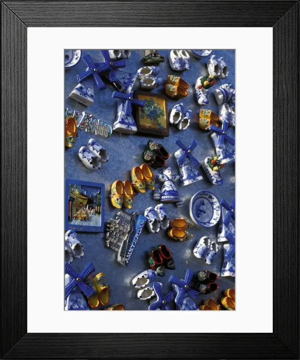Framed Print : Overhead view of ceramic magnet souvenirs of clogs Framed Print : Overhead view of ceramic magnet souvenirs of clogs