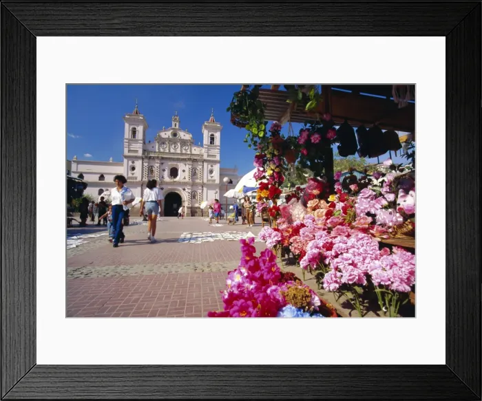 Framed Print : The Church of Virgin de los Dolores and flower stall Framed Print : The Church of Virgin de los Dolores and flower stall