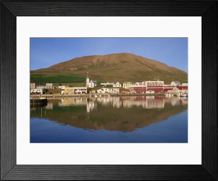 Framed Print : Reflections of waterfront buildings including the church Framed Print : Reflections of waterfront buildings including the church