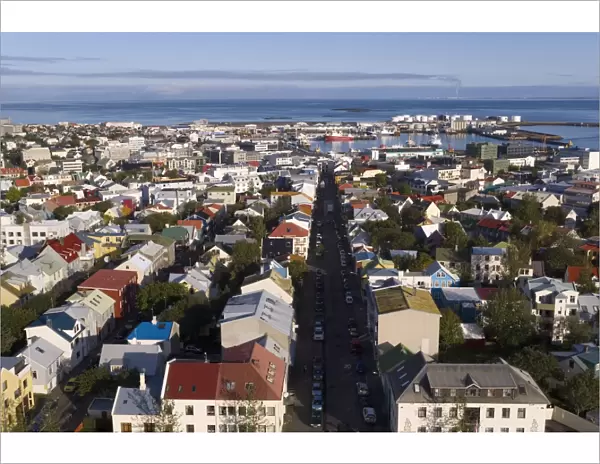 Low aerial view from Hallgrimskirkja of colourful houses