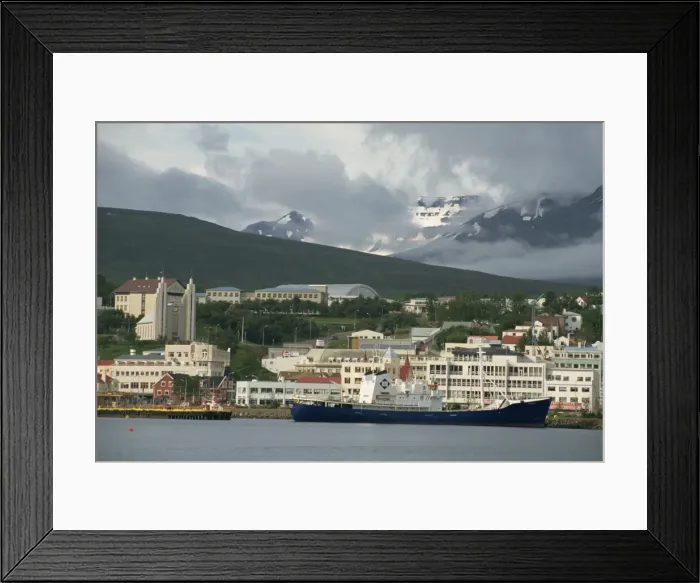 Framed Print : Ship in harbour and waterfront buildings and cathedral Framed Print : Ship in harbour and waterfront buildings and cathedral