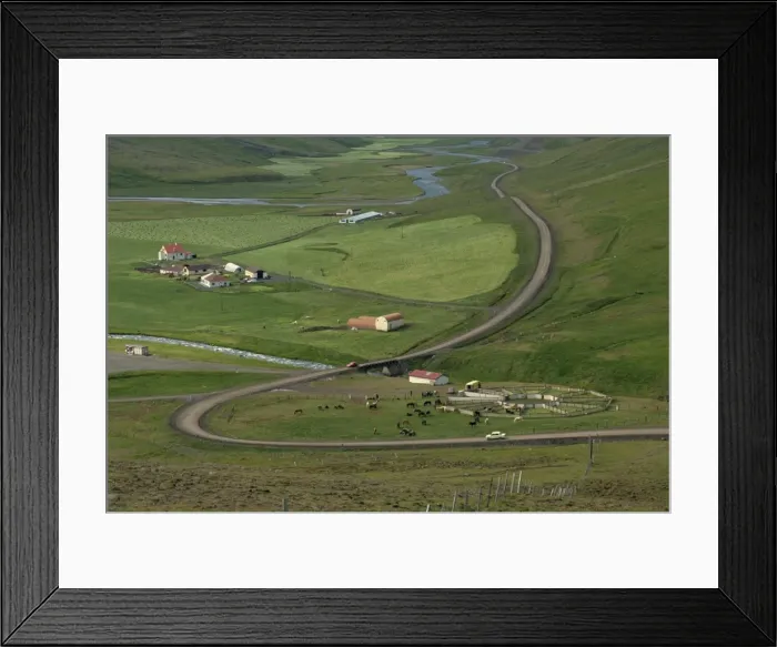 Framed Print : Aerial view of a road and farm with horse pens Framed Print : Aerial view of a road and farm with horse pens